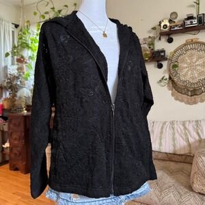Chicos Design Black Floral Lace Zip Up Hoodie Jacket Size 1 Womens Vintage